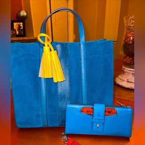 Fossil suede turquoise purse and matching leather wallet. Includes long strap.